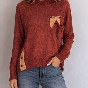 ODDY Rust Wool Blend Sweater Button Detail Pocket Knit Pullover S/M